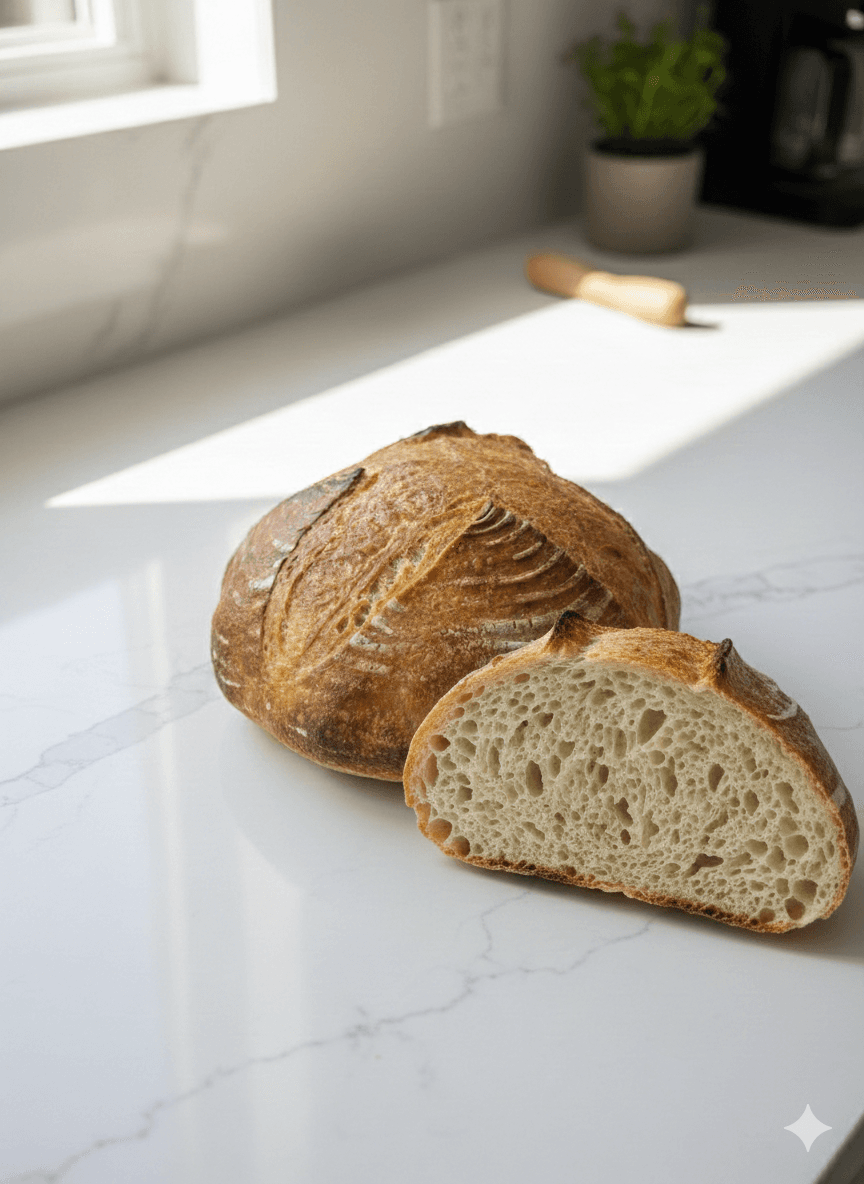 Freshly baked sourdough bread with a golden crust