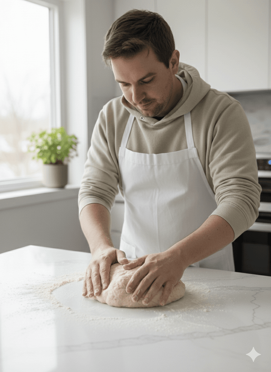Baker kneading sourdough dough by hand